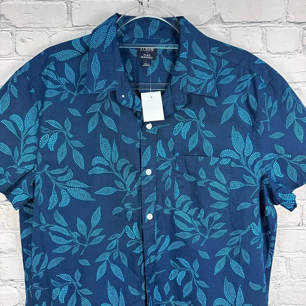 J. Crew Men's Casual Flex Washed Floral Print Short Sleeve Shirt Size Large Blue